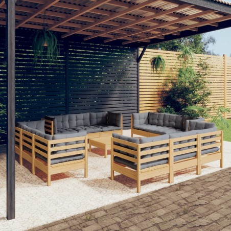 vidaXL Juego de muebles de jardín 13 pzas y cojines madera pino gris