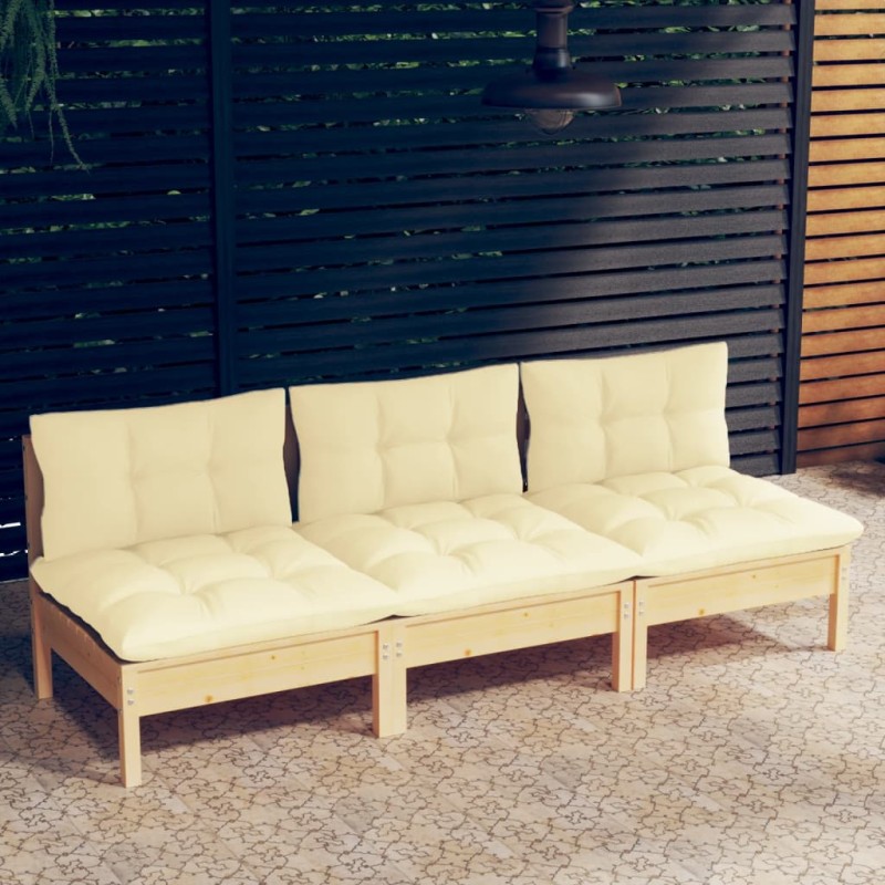 vidaXL Sofá de jardín de 3 plazas con cojines madera maciza pino crema vidaXL Sofá de jardín de 3 plazas con cojines madera maciza pino crema