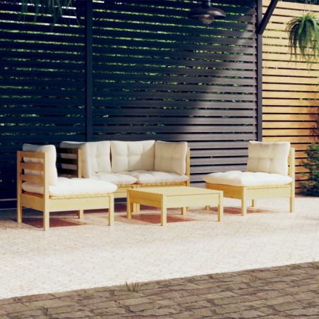 vidaXL MMuebles de jardín 5 pzas y cojines madera maciza de pino crema