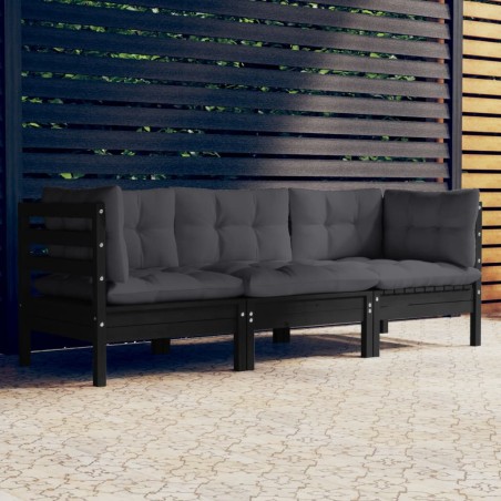 vidaXL Sofá de jardín 3 plazas con cojines madera pino gris antracita