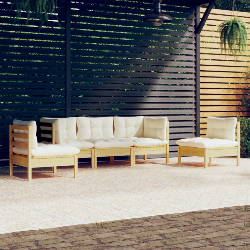 vidaXL MMuebles de jardín 5 pzas y cojines madera maciza de pino crema vidaXL MMuebles de jardín 5 pzas y cojines madera maciza de pino crema
