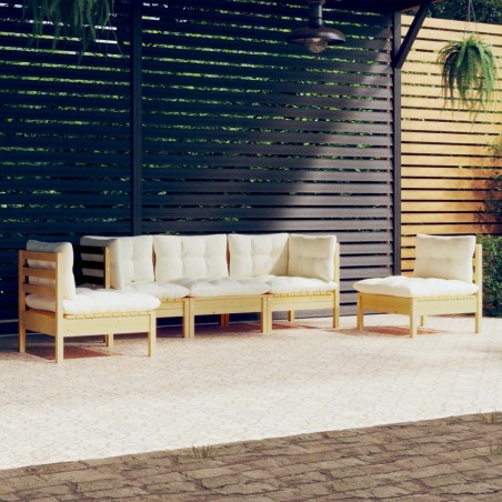 vidaXL MMuebles de jardín 5 pzas y cojines madera maciza de pino crema