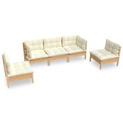 vidaXL MMuebles de jardín 5 pzas y cojines madera maciza de pino crema