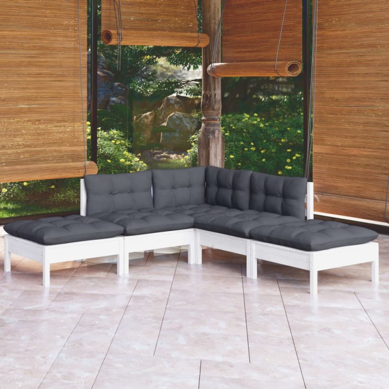 vidaXL Muebles de jardín 5 pzas con cojines blanco madera de pino vidaXL Muebles de jardín 5 pzas con cojines blanco madera de pino
