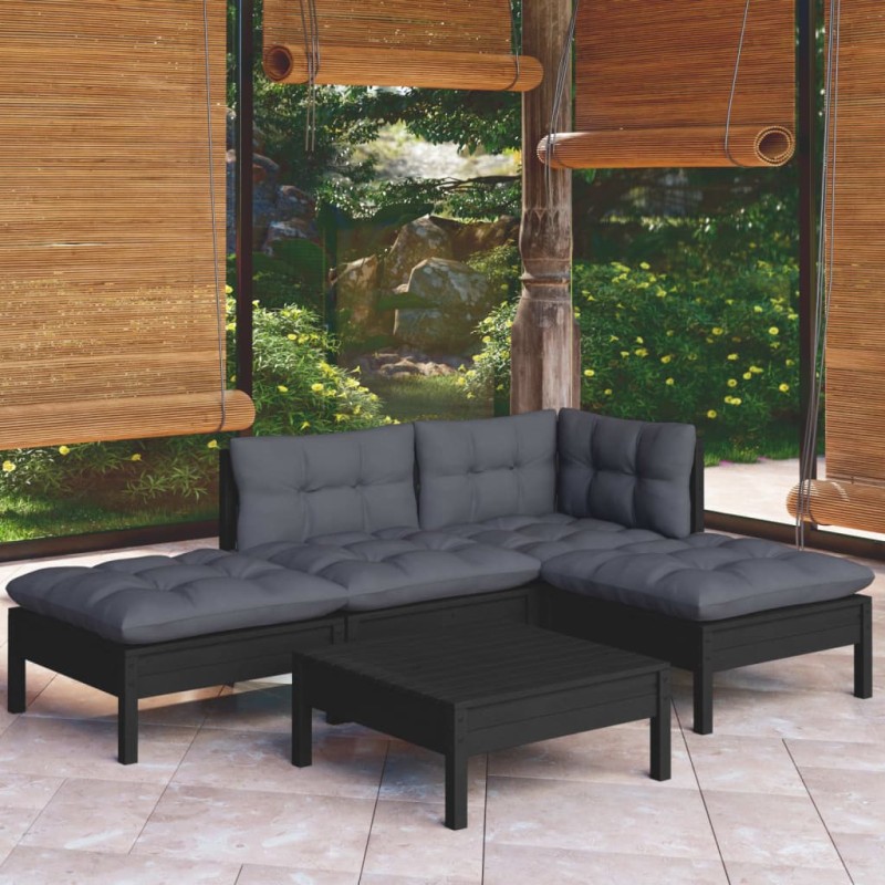 vidaXL Muebles de jardín 5 pzas con cojines negro madera de pino