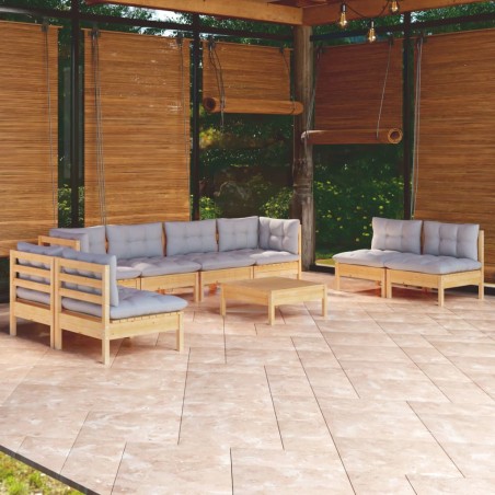 vidaXL Juego de muebles de jardín 9 pzas y cojines madera maciza pino