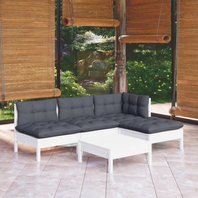 vidaXL Muebles de jardín 5 pzas con cojines blanco madera de pino