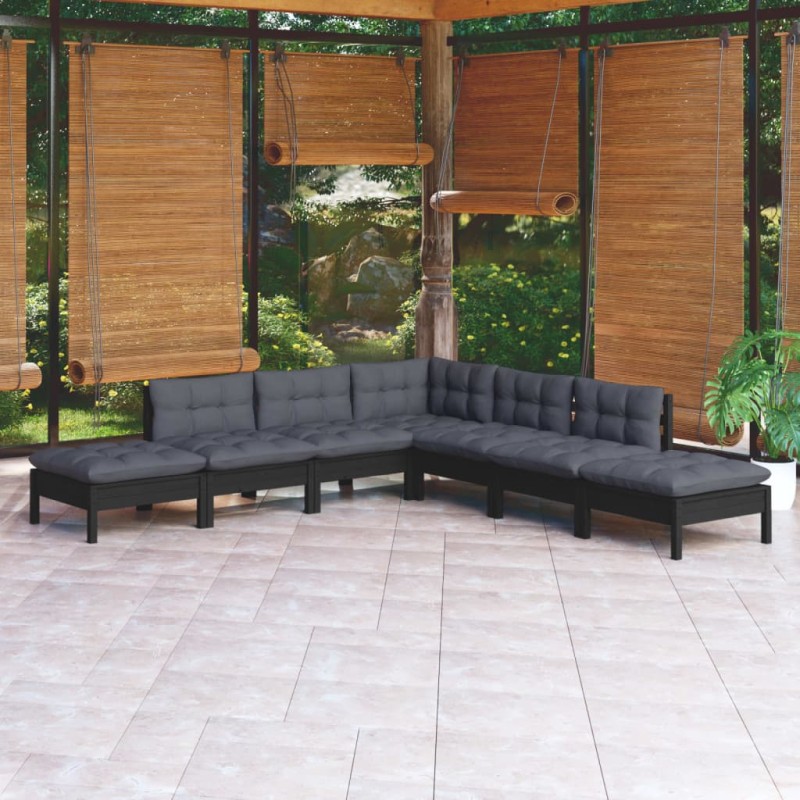 vidaXL Muebles de jardín 7 pzas con cojines negro madera de pino vidaXL Muebles de jardín 7 pzas con cojines negro madera de pino