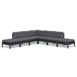 vidaXL Muebles de jardín 7 pzas con cojines negro madera de pino