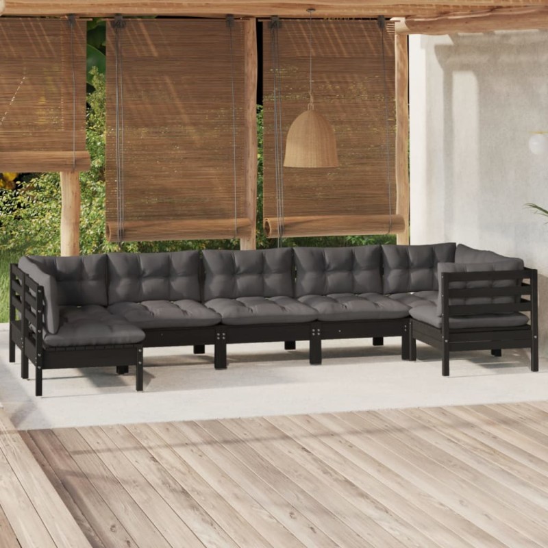vidaXL Muebles de jardín 7 pzas con cojines negro madera de pino vidaXL Muebles de jardín 7 pzas con cojines negro madera de pino
