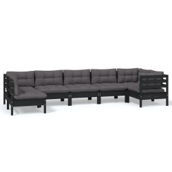 vidaXL Muebles de jardín 7 pzas con cojines negro madera de pino