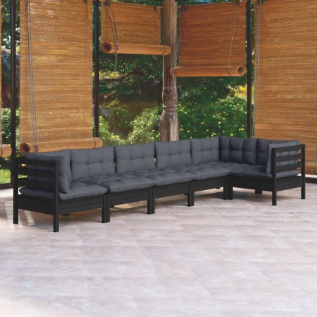vidaXL Muebles de jardín 6 pzas con cojines negro madera de pino