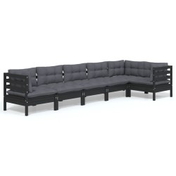 vidaXL Muebles de jardín 6 pzas con cojines negro madera de pino