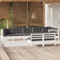 vidaXL Muebles de jardín 8 pzas y cojines blanco madera maciza de pino
