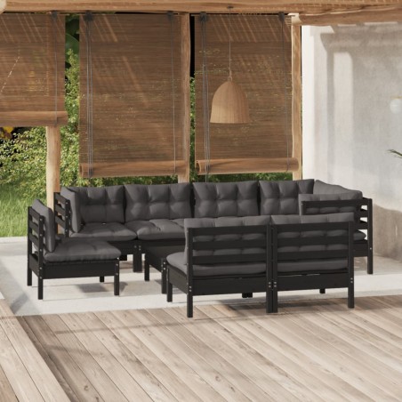 vidaXL Muebles de jardín 9 pzas y cojines negro madera maciza de pino