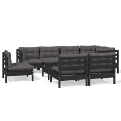 vidaXL Muebles de jardín 9 pzas y cojines negro madera maciza de pino