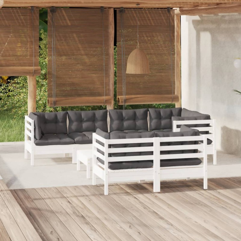 vidaXL Muebles de jardín 8 pzas con cojines blanco madera maciza pino vidaXL Muebles de jardín 8 pzas con cojines blanco madera maciza pino