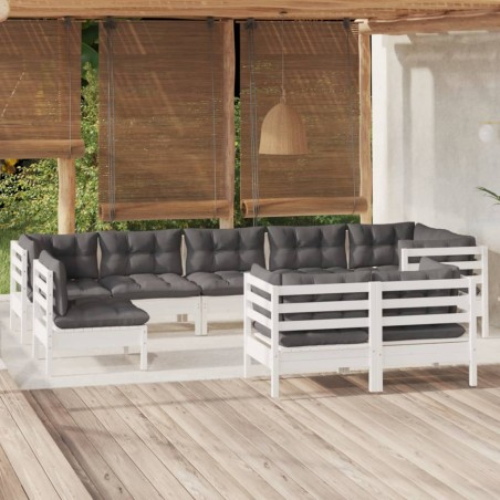 vidaXL Muebles de jardín 9 pzas y cojines blanco madera maciza de pino