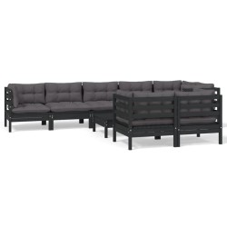 vidaXL Muebles de jardín 9 pzas con cojines negro madera maciza pino