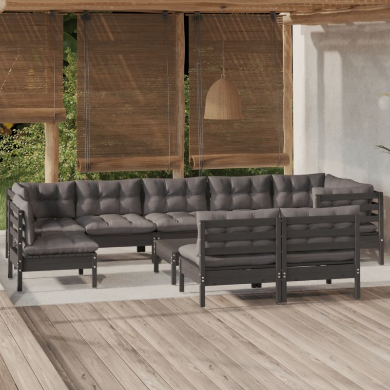 vidaXL Muebles de jardín 10 pzas y cojines negro madera maciza de pino vidaXL Muebles de jardín 10 pzas y cojines negro madera maciza de pino