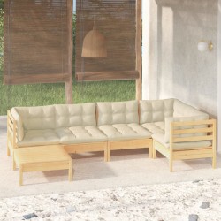 vidaXL Muebles de jardín 6 pzas y cojines madera maciza de pino crema