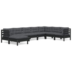 vidaXL Muebles de jardín 8 pzas con cojines negro madera maciza pino