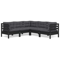 vidaXL Muebles de jardín 5 pzas con cojines negro madera maciza pino