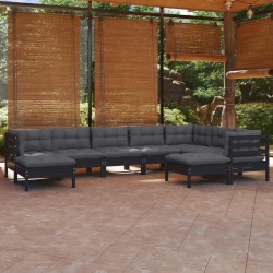 vidaXL Muebles de jardín 9 pzas y cojines negro madera maciza de pino