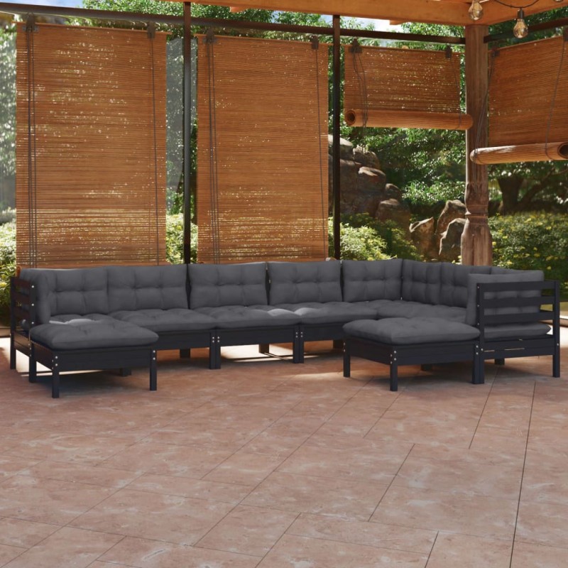 vidaXL Muebles de jardín 9 pzas y cojines negro madera maciza de pino