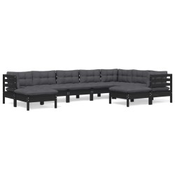 vidaXL Muebles de jardín 9 pzas y cojines negro madera maciza de pino