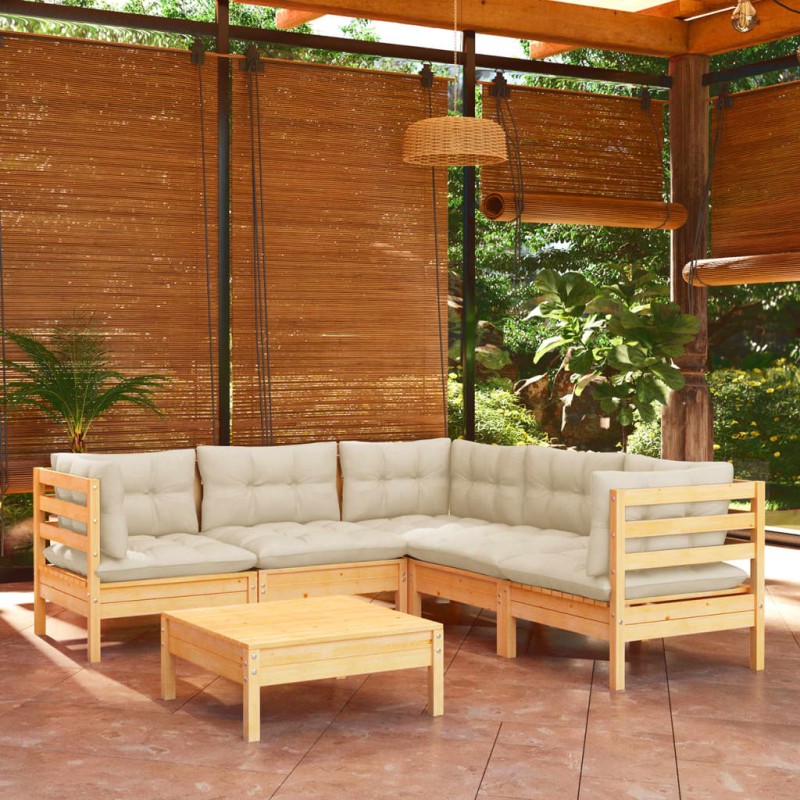 vidaXL Muebles de jardín 6 pzas y cojines madera maciza de pino crema vidaXL Muebles de jardín 6 pzas y cojines madera maciza de pino crema