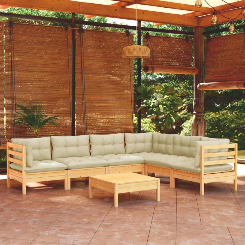 vidaXL Muebles de jardín 7 pzas y cojines madera maciza de pino crema vidaXL Muebles de jardín 7 pzas y cojines madera maciza de pino crema