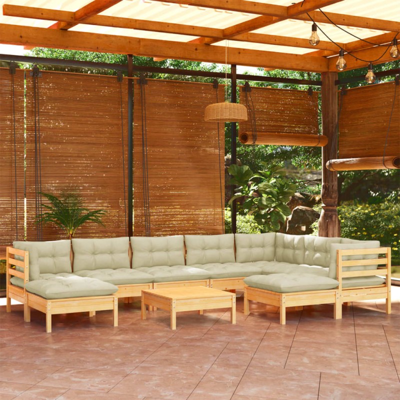 vidaXL Muebles de jardín 10 pzas y cojines madera maciza de pino crema vidaXL Muebles de jardín 10 pzas y cojines madera maciza de pino crema