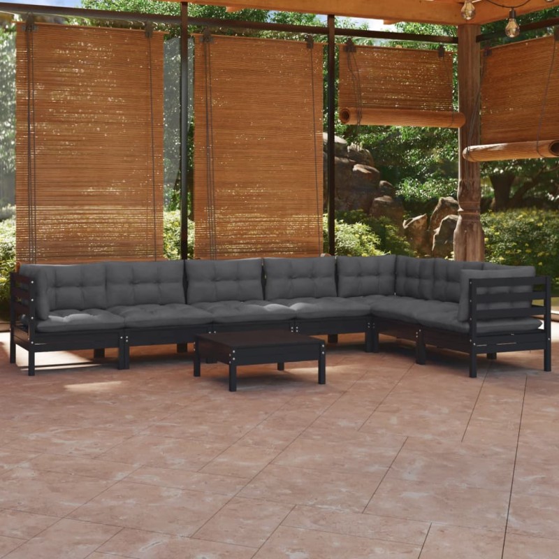 vidaXL Muebles de jardín 8 pzas con cojines negro madera maciza pino vidaXL Muebles de jardín 8 pzas con cojines negro madera maciza pino