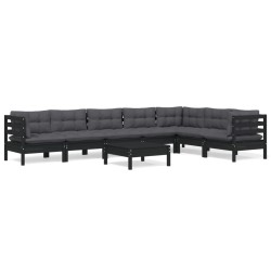 vidaXL Muebles de jardín 8 pzas con cojines negro madera maciza pino