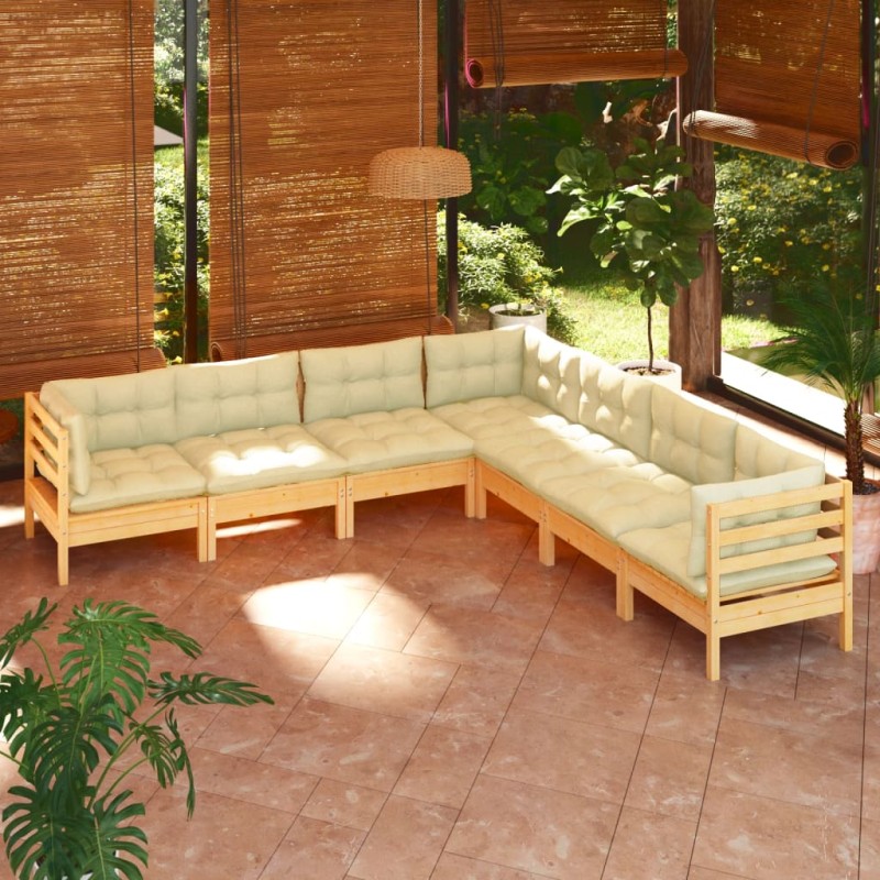 vidaXL Muebles de jardín 7 pzas y cojines madera maciza de pino crema vidaXL Muebles de jardín 7 pzas y cojines madera maciza de pino crema