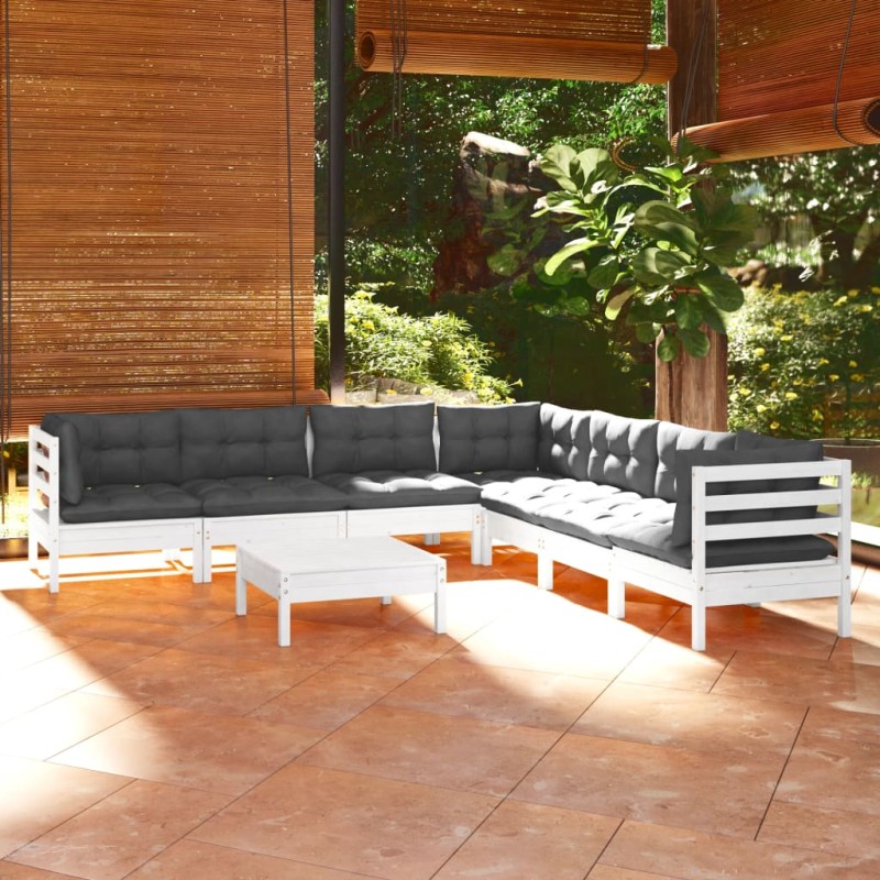 vidaXL Muebles de jardín 8 pzas con cojines blanco madera maciza pino vidaXL Muebles de jardín 8 pzas con cojines blanco madera maciza pino
