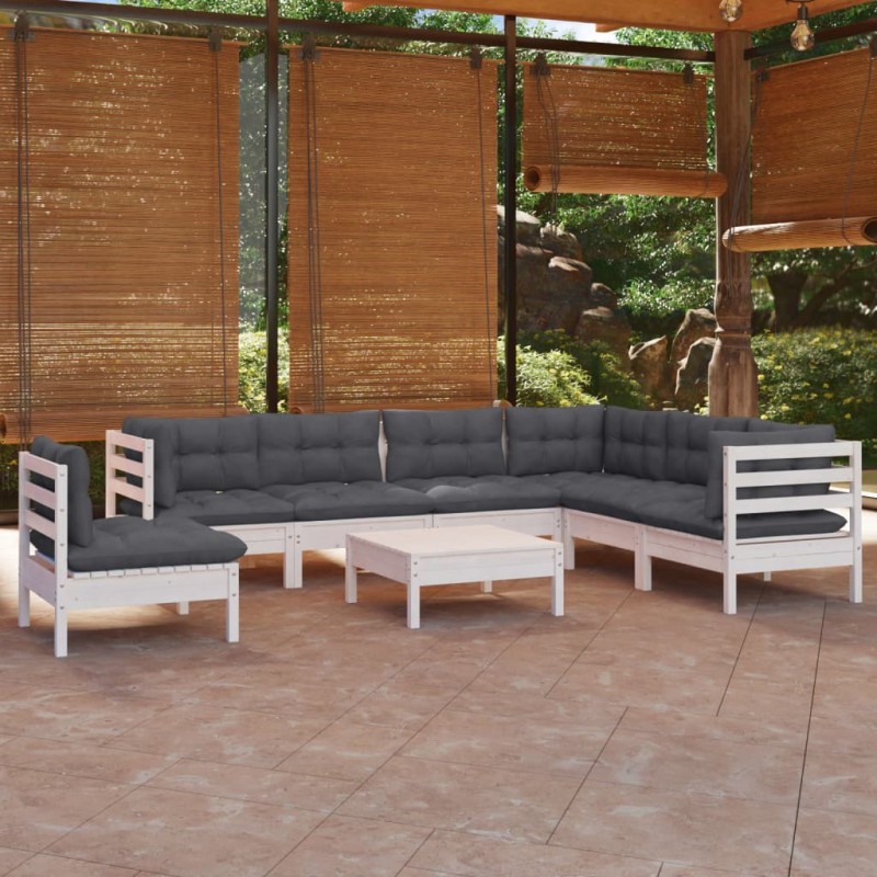 vidaXL Muebles de jardín 8 pzas con cojines blanco madera maciza pino vidaXL Muebles de jardín 8 pzas con cojines blanco madera maciza pino