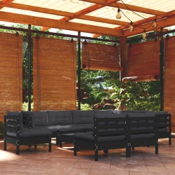 vidaXL Muebles de jardín 10 pzas con cojines negro madera maciza pino