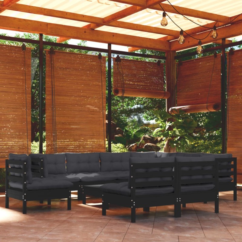 vidaXL Muebles de jardín 10 pzas con cojines negro madera maciza pino vidaXL Muebles de jardín 10 pzas con cojines negro madera maciza pino