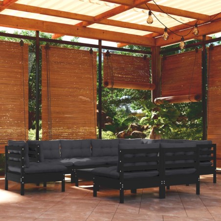 vidaXL Muebles de jardín 10 pzas con cojines negro madera maciza pino
