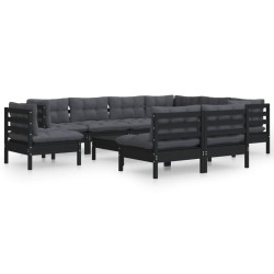 vidaXL Muebles de jardín 10 pzas con cojines negro madera maciza pino