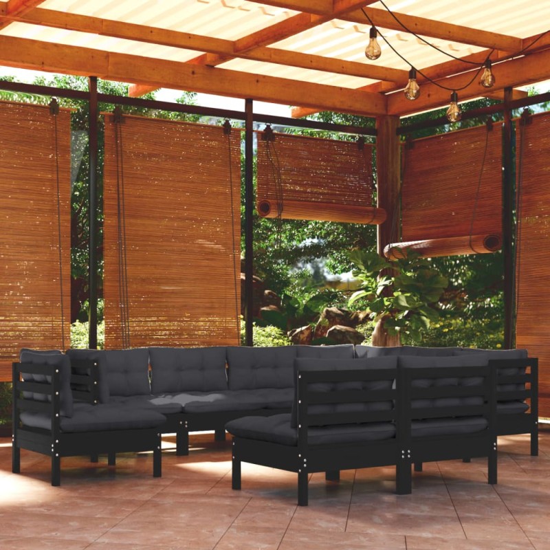 vidaXL Muebles de jardín 9 pzas y cojines negro madera maciza de pino vidaXL Muebles de jardín 9 pzas y cojines negro madera maciza de pino