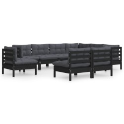 vidaXL Muebles de jardín 9 pzas y cojines negro madera maciza de pino