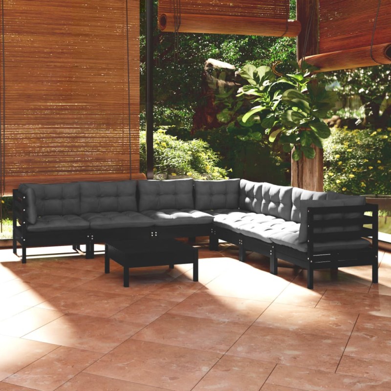 vidaXL Muebles de jardín 8 pzas con cojines negro madera maciza pino vidaXL Muebles de jardín 8 pzas con cojines negro madera maciza pino
