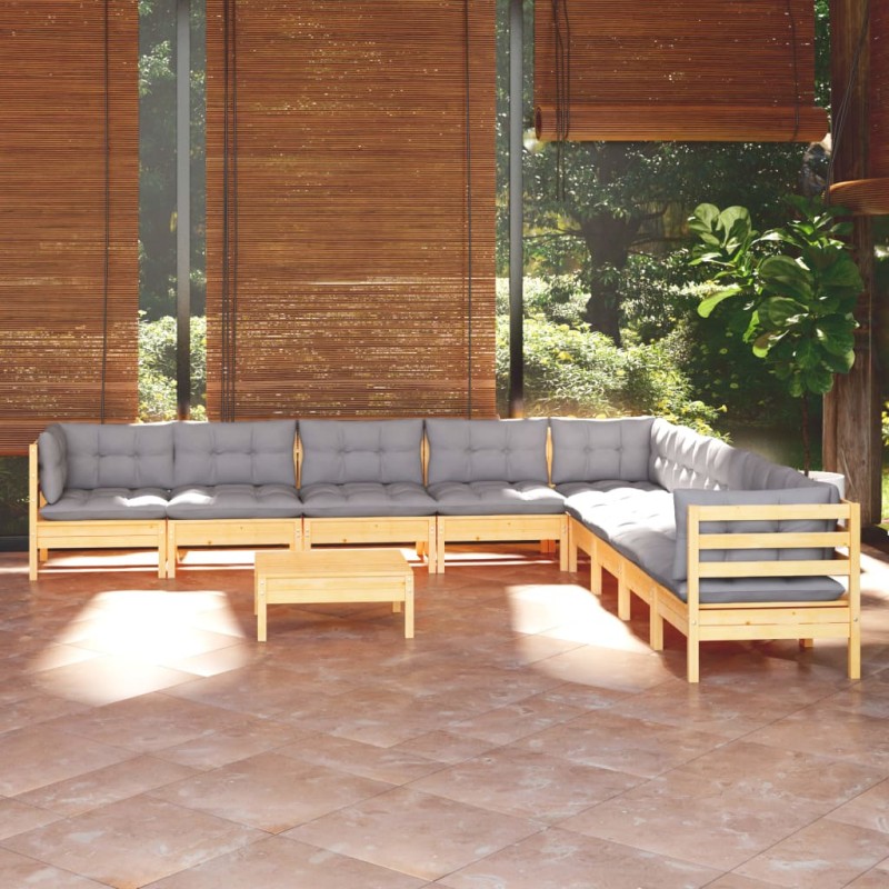 vidaXL Juego de muebles de jardín 10 pzas y cojines madera maciza pino vidaXL Juego de muebles de jardín 10 pzas y cojines madera maciza pino