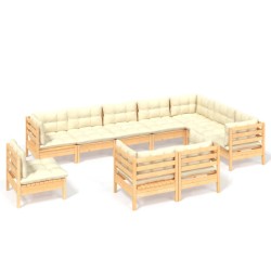 vidaXL Muebles de jardín 10 pzas y cojines madera maciza de pino crema