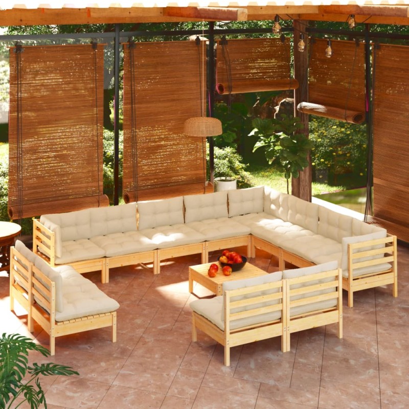 vidaXL Muebles de jardín 13 piezas y cojines madera maciza pino crema vidaXL Muebles de jardín 13 piezas y cojines madera maciza pino crema