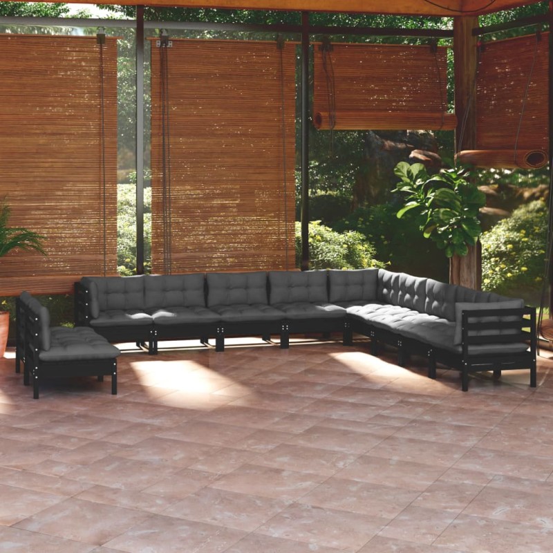 vidaXL Muebles de jardín 11 pzas y cojines negro madera maciza de pino vidaXL Muebles de jardín 11 pzas y cojines negro madera maciza de pino