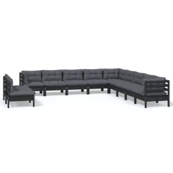vidaXL Muebles de jardín 11 pzas y cojines negro madera maciza de pino